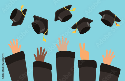 Students throw graduation caps into the air vector background. Illustration of celebration graduation school or university