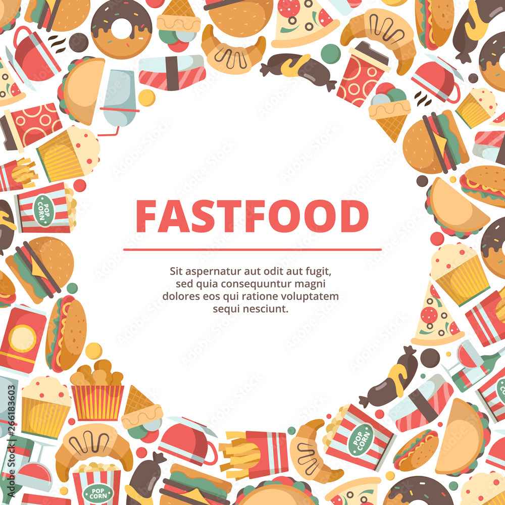 Fototapeta premium Fast food circle background. Burger meal cold drinks ice cream pizza and sandwich vector colored flat illustrations. Sandwich and burger, sausage and lunch, ice cream
