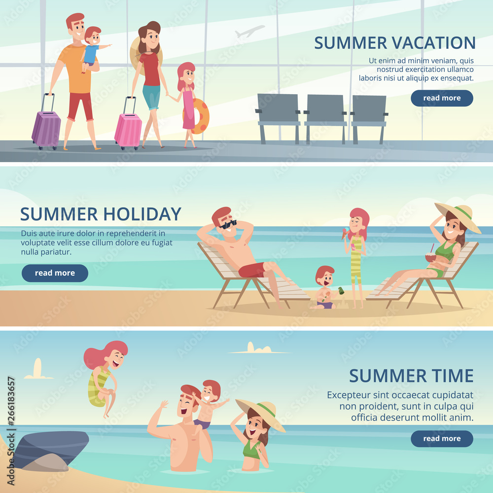Happy family travel banners. Summer vacation on tropical sea with parents and kids vector backgrounds for cards. Family travel and trip, journey adventure illustration