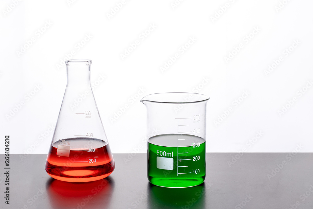 Labratory Beakers on a Table Labratory Beakers on a Table