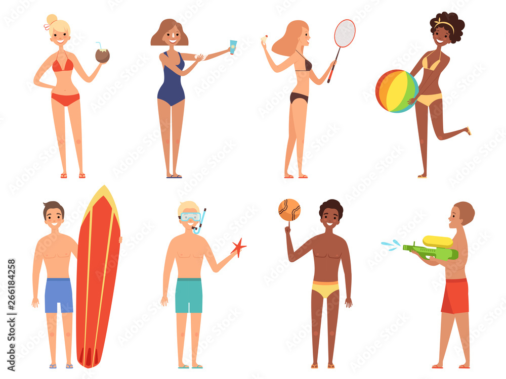 Summer holiday characters. Woman in bikini have a rest on the beach girls in swimsuit playing vector cartoon people. Illustration of man and woman in swimsuit with cocktail or surfboard Summer holiday characters. Woman in bikini have a rest on the beach girls in swimsuit playing vector cartoon people. Illustration of man and woman in swimsuit with cocktail or surfboard