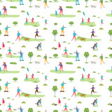 Outdoor activity seamless pattern. Cartoon characters walking peoples and kids vector illustration. Outdoor walk people in park seamless background