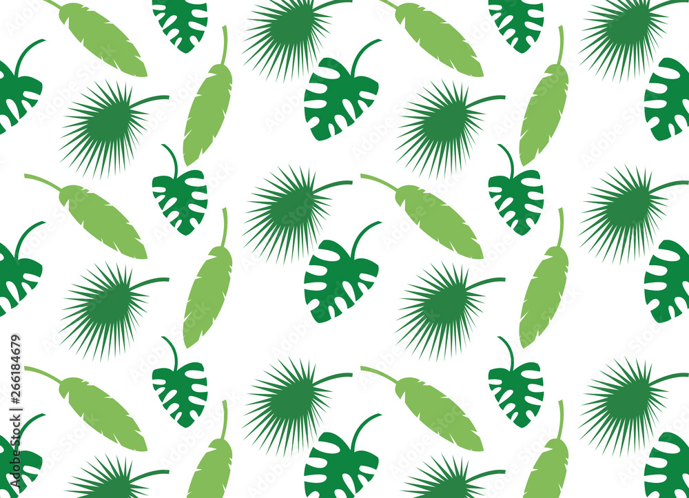 Summer background with green jungle leaves. Stylized vector illustration on the white background