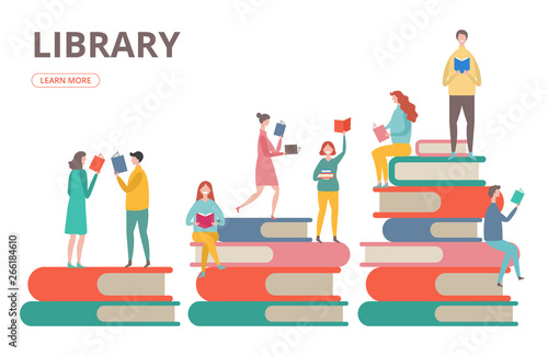 Time to read vector concept. Library, self education, students with books illustration. Student read book, people on stack of books