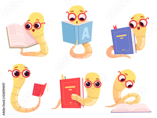 Bookworms cartoon. Back to school character reading books library worm happy smart baby animal vector illustrations. Bookworm education, earthworm with book