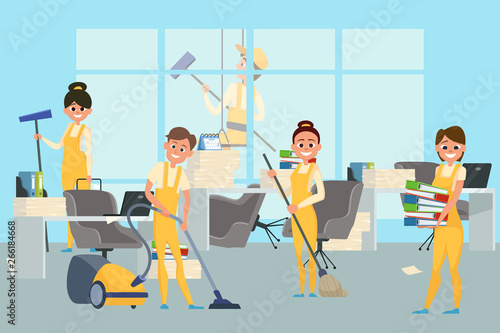 Cleaning staff team in office vector illustration. Housekeeping team, office wash and clean