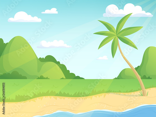 Summer landscape. Green hills palm tree and seaside with grass and water simple outdoor illustration vector cartoon background. Illustration of green palm and grass landscape