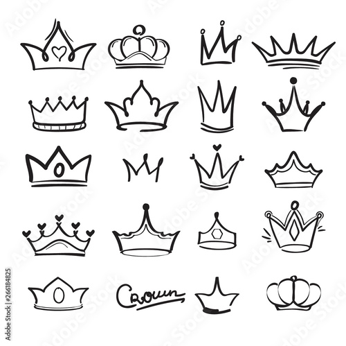Crown doodles. King majestic imperial monarch elegant symbols in hand drawn vector style. Illustration of crown king and queen, majestic imperial crown