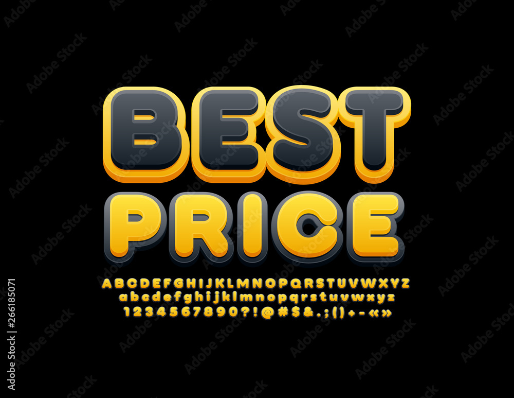 Vector Black and Yellow poster Best Price. Modern trendy Flat. Bright Alphabet Letters, Numbers and Symbols 
