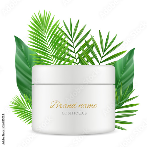 Green leaves and cosmetics tube box realistic vector mockup. Cosmetic beauty  package box container illustration