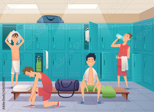 School locker room. Sport gym locker with kids in college vector cartoon background. Locker room gym, sport dressing with bench illustration