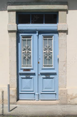 Retro style blue wooden front door