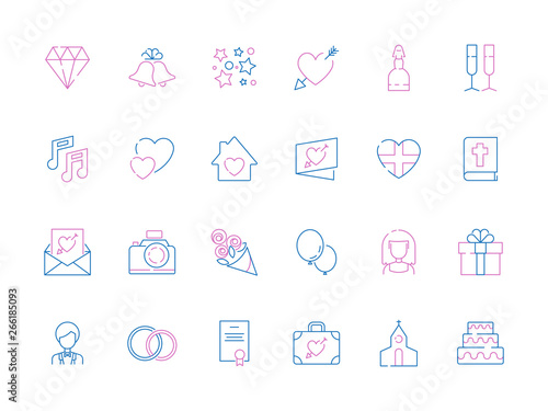 Wedding icon collection. Bride bouquet invitation party gifts wedding items cakes camera photography technic vector thin symbols. Wedding marriage, envelope and bouquet, heart and cake illustration