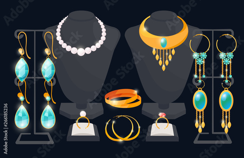 Jewelry shop window vector concept. Earrings and necklace. Expensive ring and accessory, luxury necklace illustration