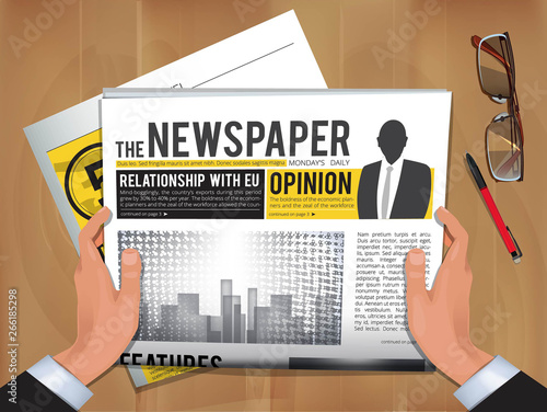 Newspaper in hands. Daily news businessman hold and reading hot announce in newspaper cover vector template. Illustration of news daily, newspaper publication with headline
