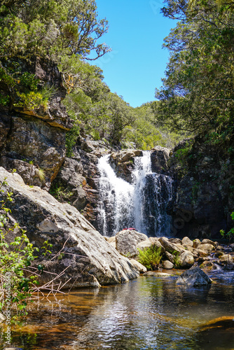 Waterfall in Madeira in a summer sunny day with clear blue sky