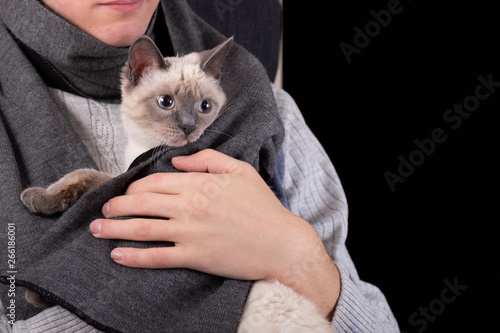 A young man presses a kitten wrapped in a scarf to his chest.