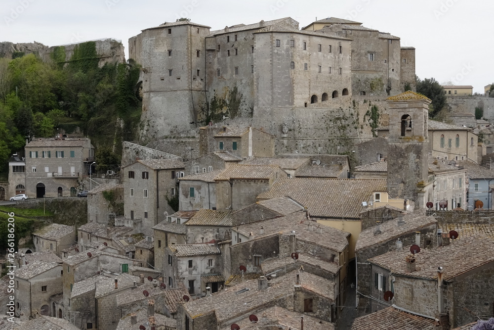 view of the roofs of Sorano, Tuscany