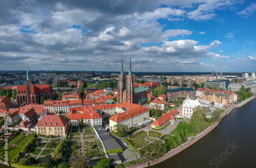 The aerial view of Wroclaw: Ostrow Tumski, Cathedral of St. John the Baptist and Collegiate Church of the Holy Cross and St. Bartholomew 