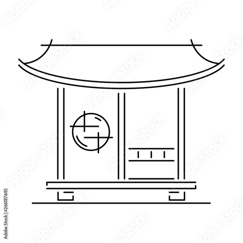 Japan landmark - temple, shrine, castle, pagoda, gate vector illustration simplified travel icon. Chinese, asian landscape traditional house. Line sketch. Realistic element for design, fabric print.