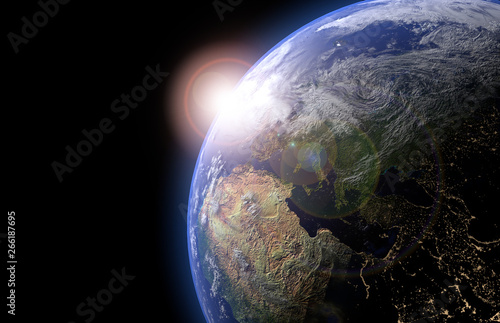 The Earth globe from Space in showing the terrain and clouds. High Resolution Planet Earth view. 3d render Illustration. Elements of this image are furnished by NASA