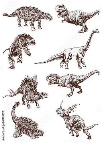 Graphical vintage set of dinosaurs ,vector illustration, anthropology