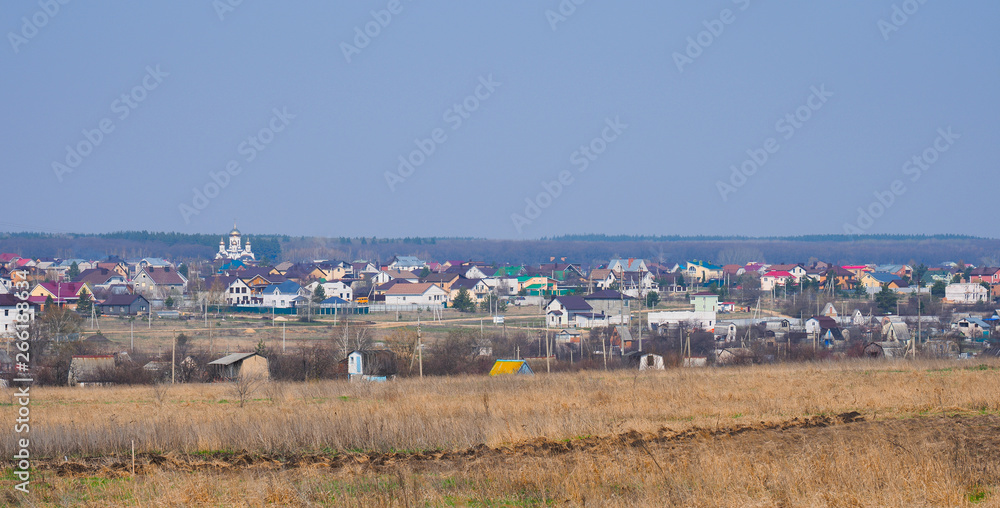 village with houses in the background of the forest in spring