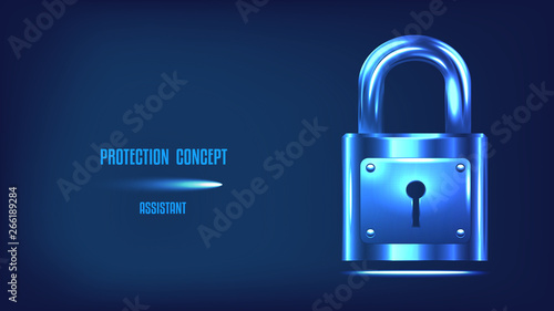 Protection concept. Safety of information and data. Closed lock on dark blue background.