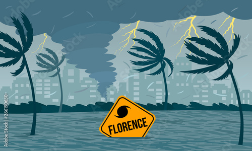 Tornado hurricane Florence, emerging from the ocean. Ecological catastrophe and the sign of the catastrophe drowned in the flood. flat vector