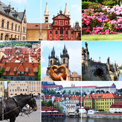 Large collage of landscapes and attractions of the city. Prague. Czech Republic. Spring season