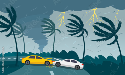 Tornado hurricane , emerging from the ocean. Car accident. A tropical catastrophe and a sign of disaster. flat vector illustration