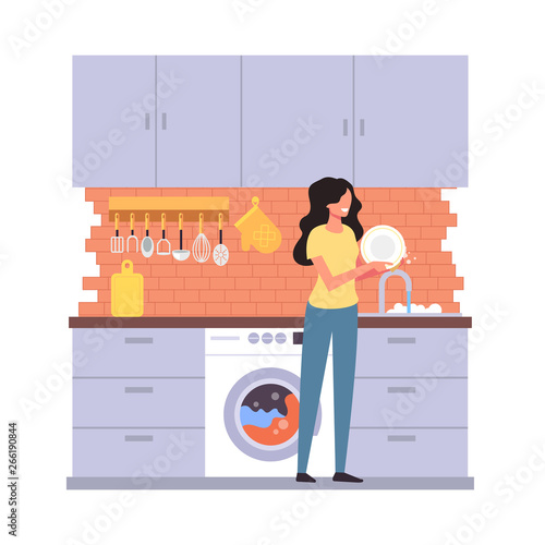 Woman housewife character washing dish plate. House work home interior concept. Vector flat graphic design cartoon illustration