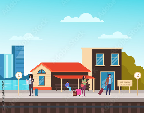 People passenger tourists character waiting train on railway station. Tourism travel vacation concept. Vector flat cartoon graphic design illustration