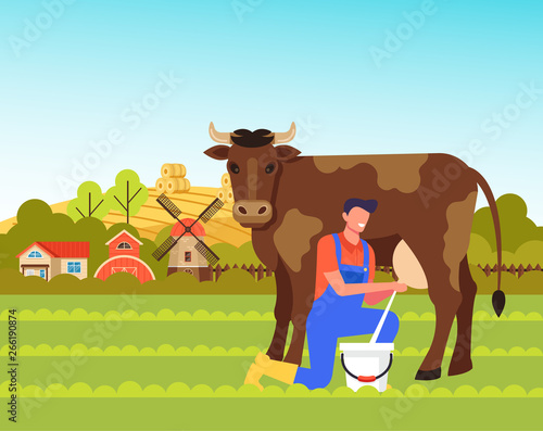 Man farmer worker character milk cow. Farming agriculture concept. Vector flat cartoon graphic design illustration