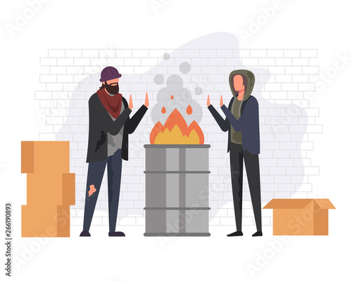 Two homeless people warms near burning garbage. Social homeless poverty concept. Vector flat cartoon graphic design illustration