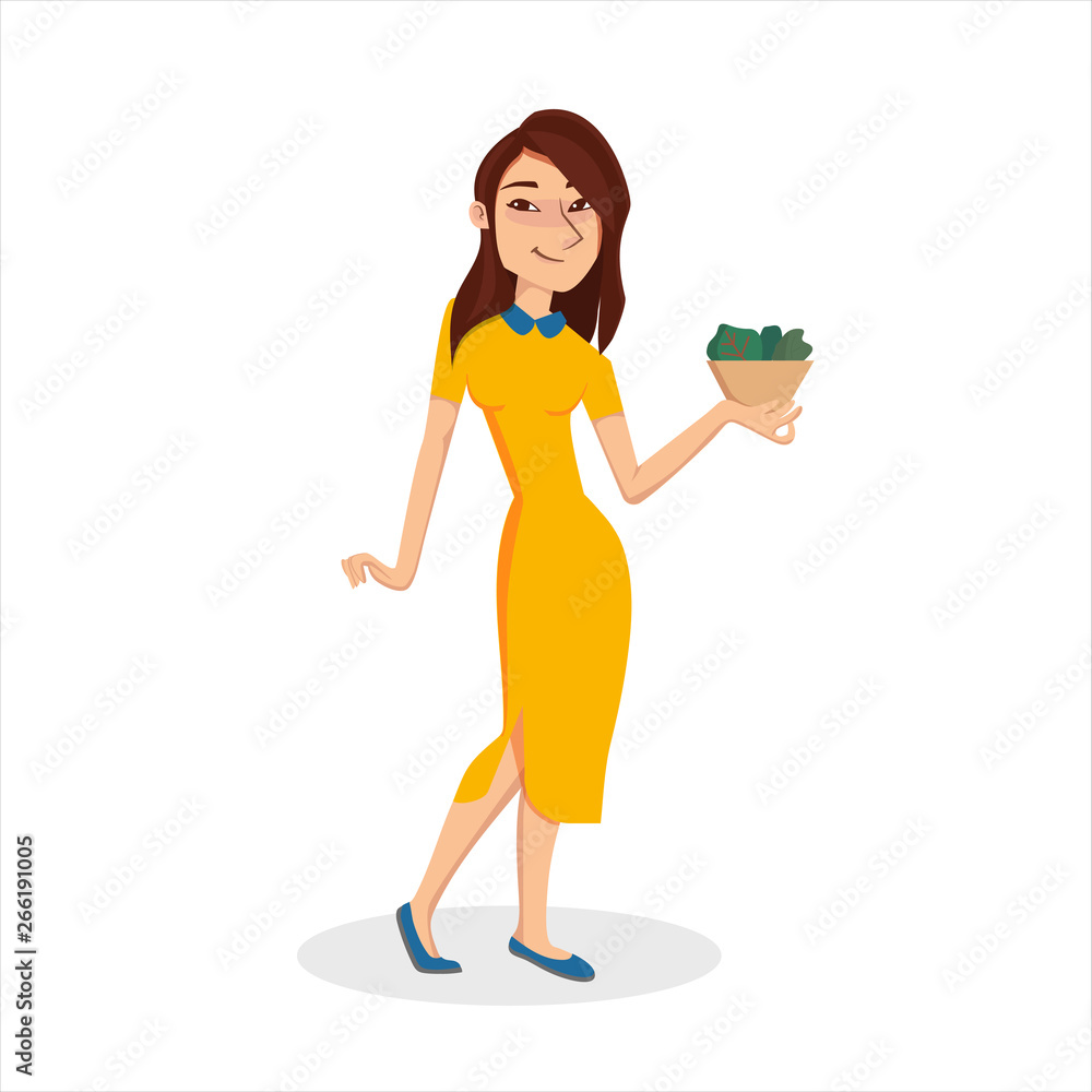 Smiling young Woman holding plate with salad. Flat cartoon style character vector illustration Smiling young Woman holding plate with salad. Flat cartoon style character vector illustration