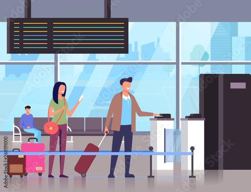 People tourists character waiting in line to check in tickets. Travel tourism transportation concept. Vector flat cartoon graphic design illustration