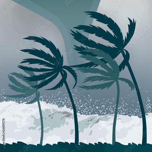 Tornado hurricane , coming from the ocean. Huge waves on houses on the coast. Tropical disaster and a sign of catastrophe and warning. flat vector