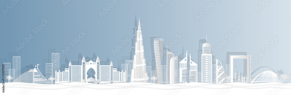 Dubai city in a panoramic view with the city skyline with important landmarks and world famous Vector style paper cut-  illustration Vector