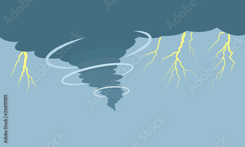 Hurricane and tornado with lightning on the background of the dark sky. flat vector