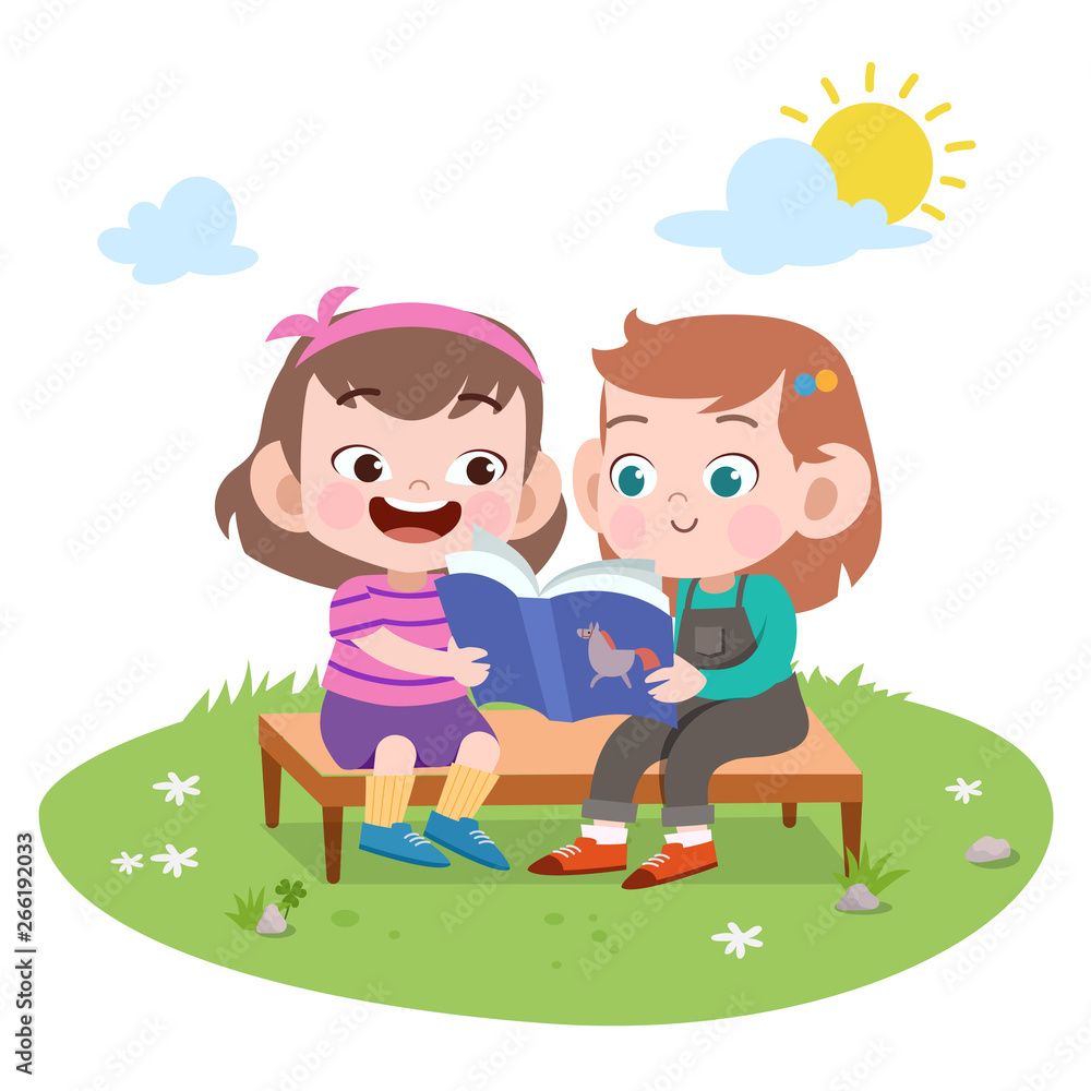 kids girls read book vector illustration