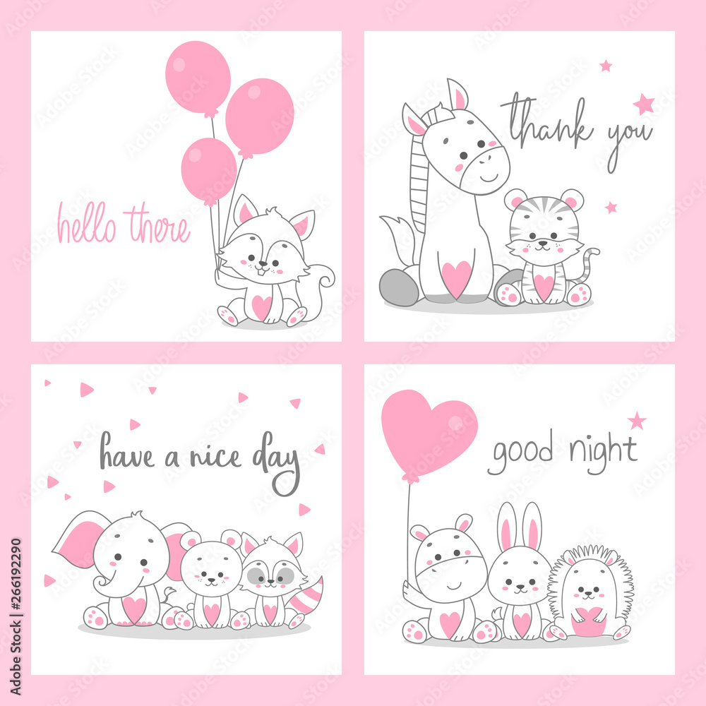 cute doodle pink greeting card vector set bundle