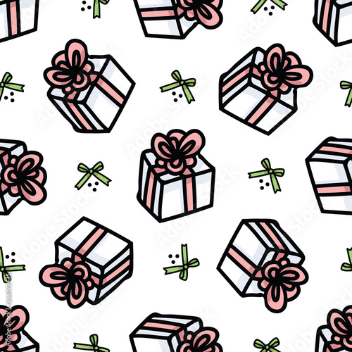 Cute red present box cartoon seamless vector pattern. Hand drawn birthday gift wrapping ribbon. Pastel christmas party tile. Decorative suprise repeating fill.