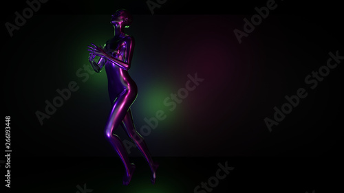 Futuristic concept of female character with neon lights. 3d Illustration