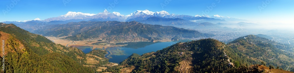 Panoramic view of Annapurna Dhaulagiri and Manaslu himalayan range, Pokhara and Phewa lake, Pokhara valley, Nepal Himalayas 