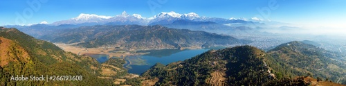Panoramic view of Annapurna Dhaulagiri and Manaslu himalayan range, Pokhara and Phewa lake, Pokhara valley, Nepal Himalayas 