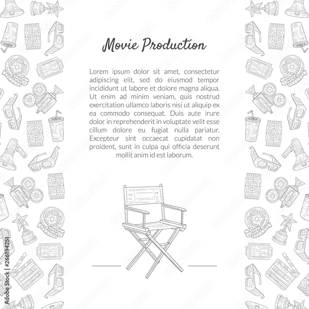 Movie Production Banner Template with Place for Text and Cinema Industry Symbols Hand Drawn Pattern Vector Illustration