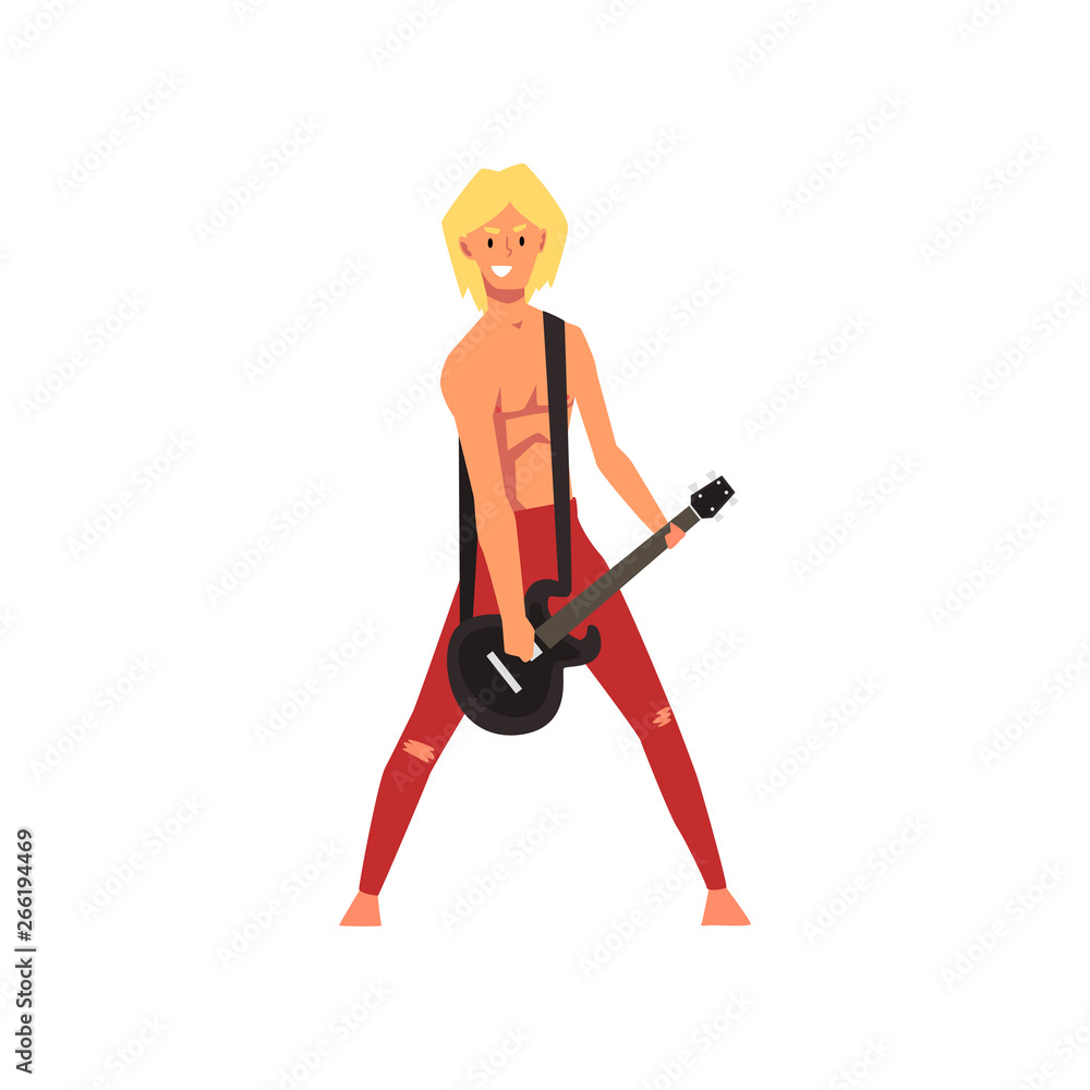 Male Rock Musician Playing Guitar at Open Air Concert, Rock Fest, Outdoor Summer Music Festival Vector Illustration Male Rock Musician Playing Guitar at Open Air Concert, Rock Fest, Outdoor Summer Music Festival Vector Illustration