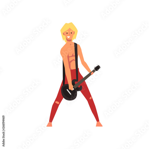 Male Rock Musician Playing Guitar at Open Air Concert, Rock Fest, Outdoor Summer Music Festival Vector Illustration