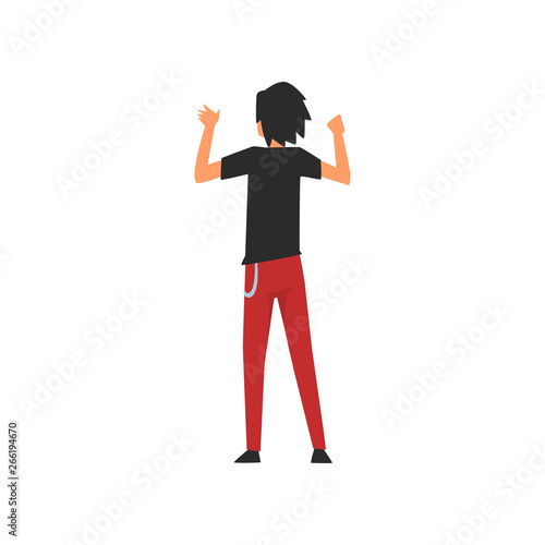 Man Clubber Standing with Raising Hands at Open Air Concert, Rock Fest, Outdoor Summer Music Festival, View From the Back Vector Illustration